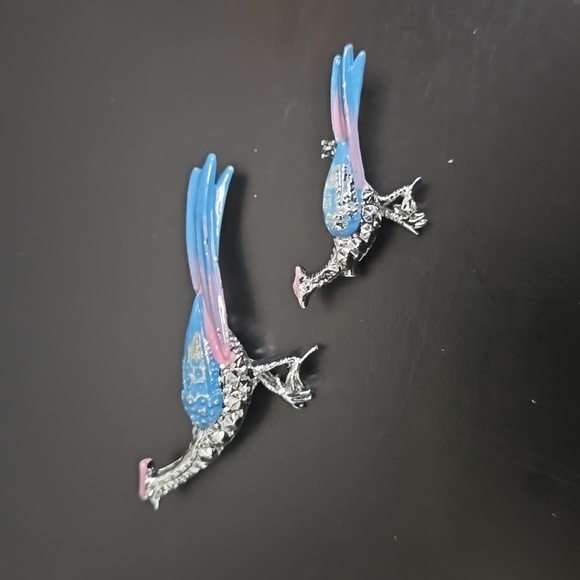 Vintage Silver-Toned Pink and Blue Enamel Pheasant Bird Brooch Set of 2 - Picture 2 of 6